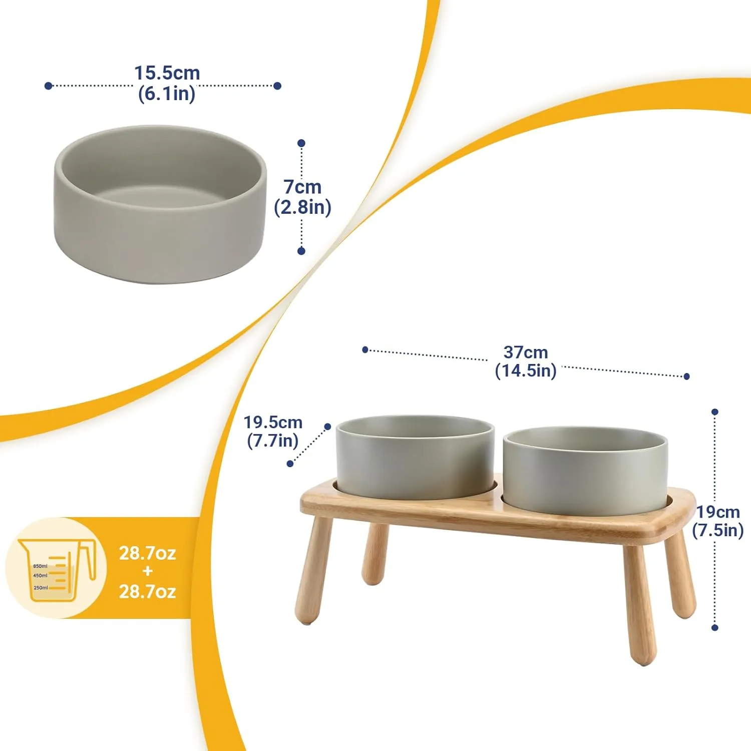SPUNKYJUNKY Raised Dog Bowls Ceramic Dog Bowls Elevated with Non-Slip Wooden Stand Dog Food Water Bowls for Puppy Small Medium Dogs(Double 28OZ Bowls,Grey)