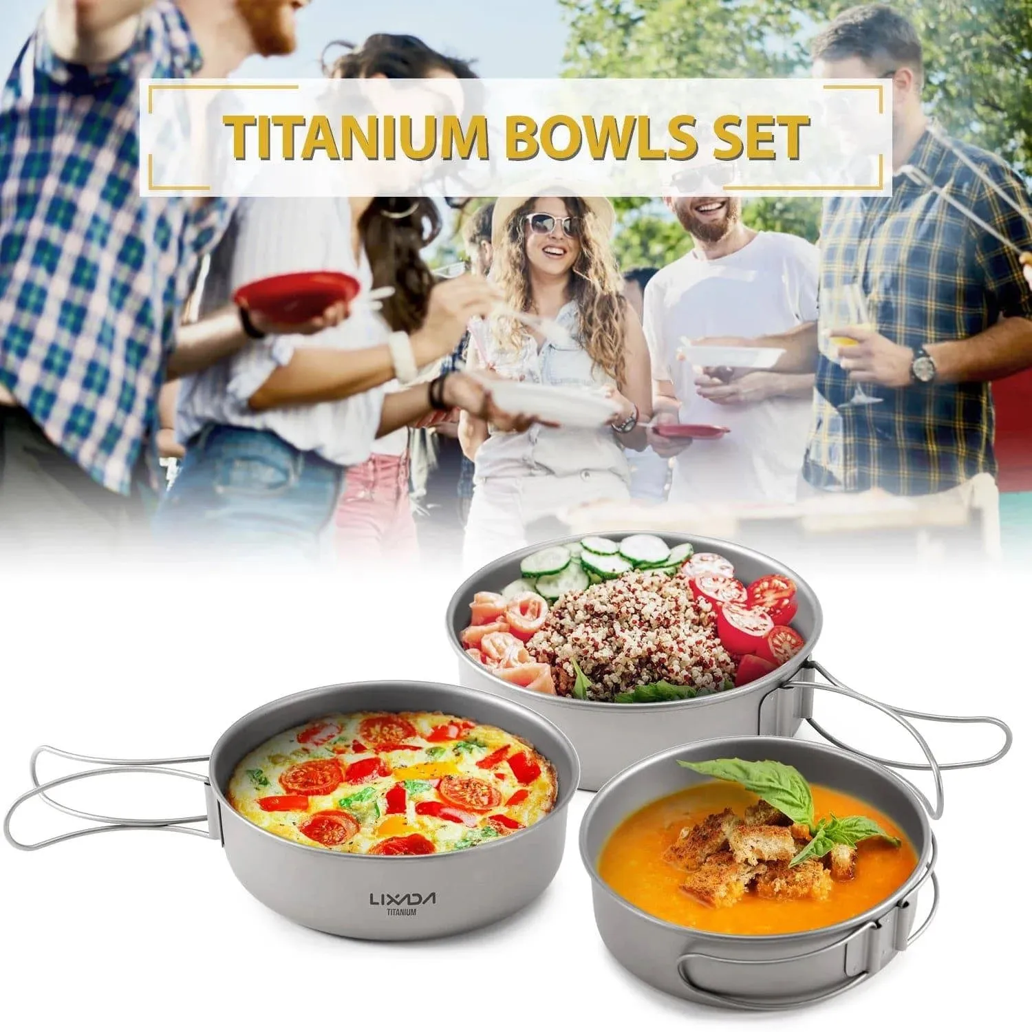 Ultralight Ti Campng Bowls Set Otudoor Dinner Bowl Pan with Foldable Handles for Camping Hiking Picnic