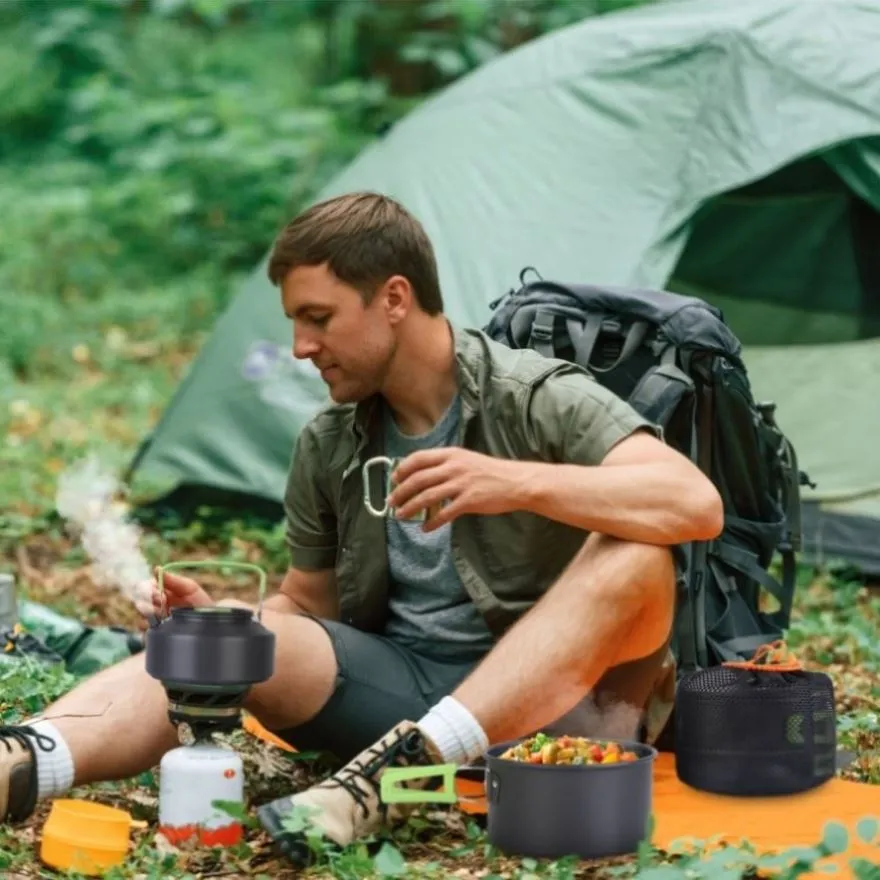 ZUN 16Pcs Camping Cooking Ware Set Camping Stove Cookware Kit Aluminum Pot Pan Kettle Set with Bowls 99108399